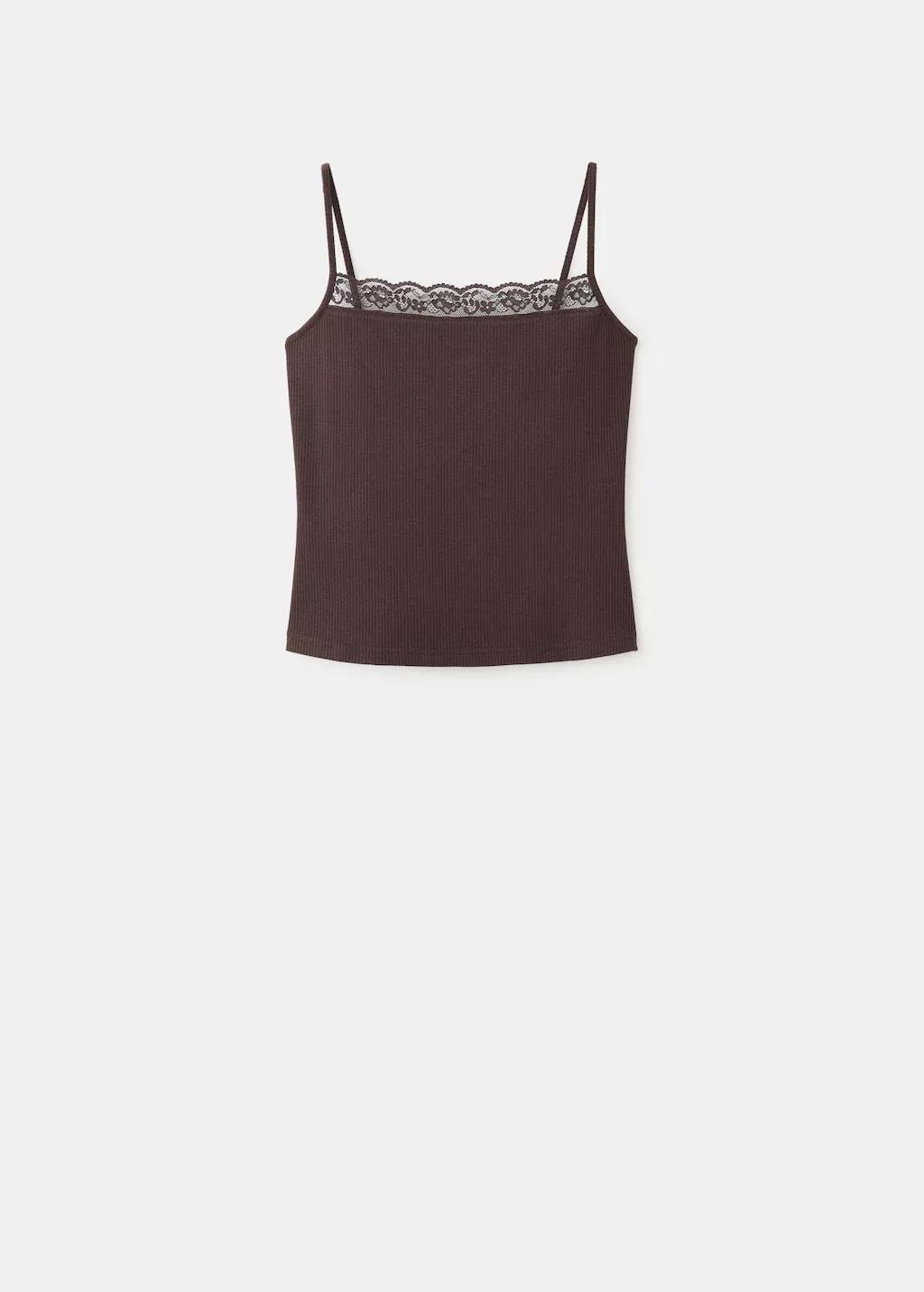 Brown Fitted Top With Lace Detail, Brown, large image number 7