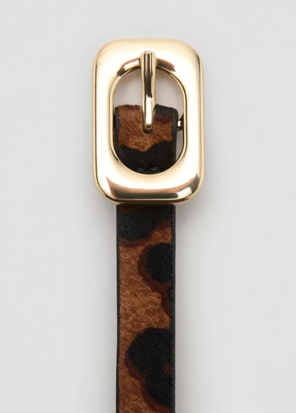 Brown Leopard-Print Leather Belt, Dark Brown, large image number 1