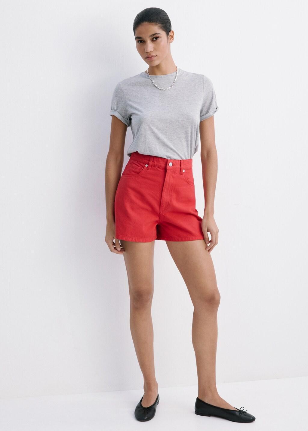 Red High-Rise Denim Shorts, Red, large image number 0