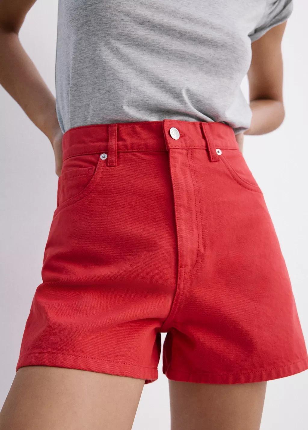 Red High-Rise Denim Shorts, Red, large image number 2
