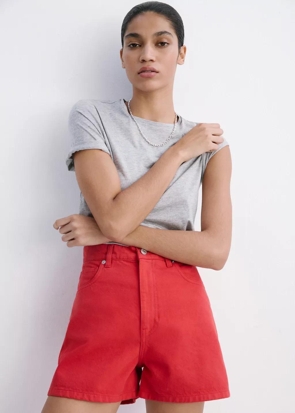 Red High-Rise Denim Shorts, Red, large image number 3