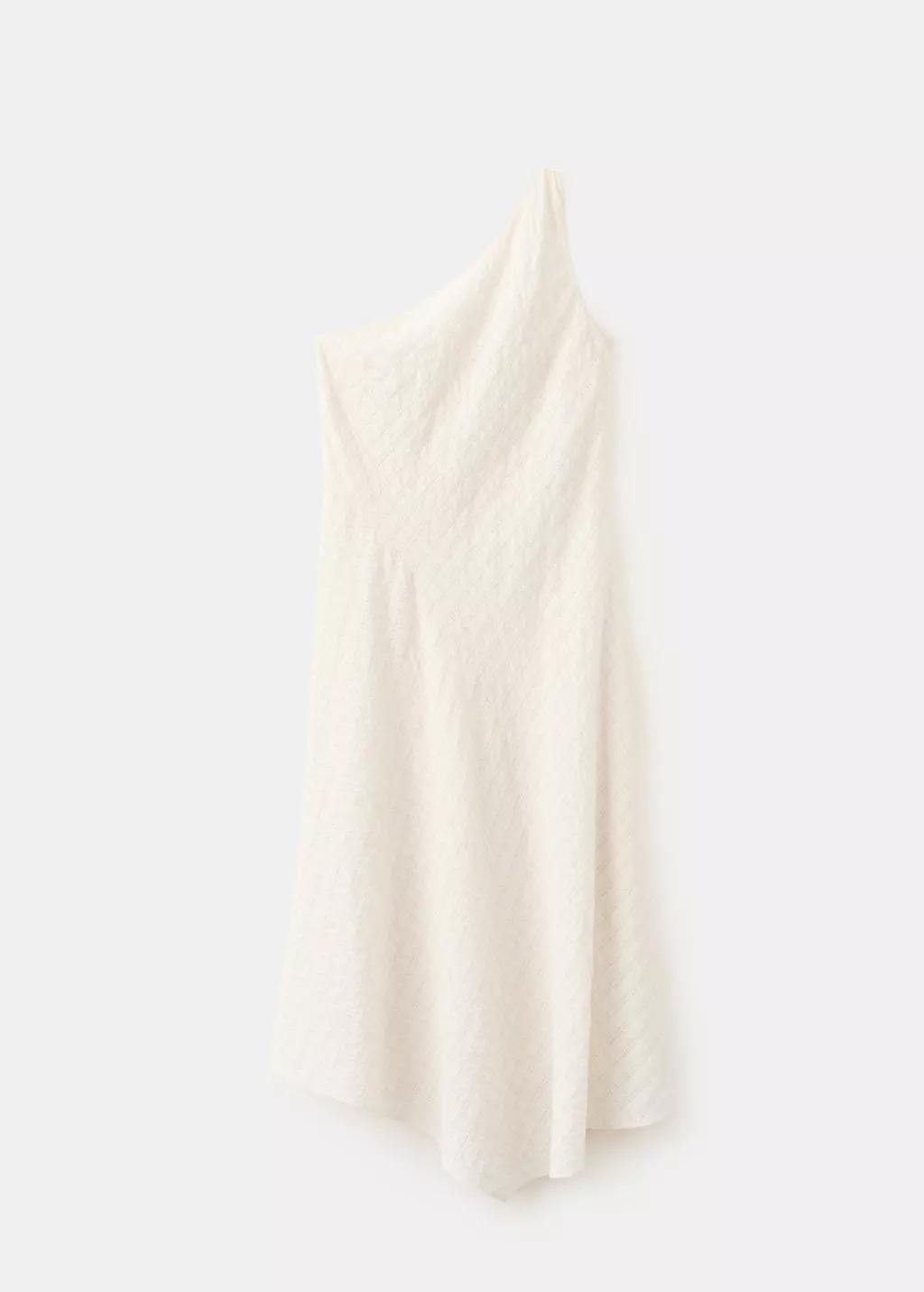 Beige Textured Check Asymmetric Dress, Light Beige, large image number 1