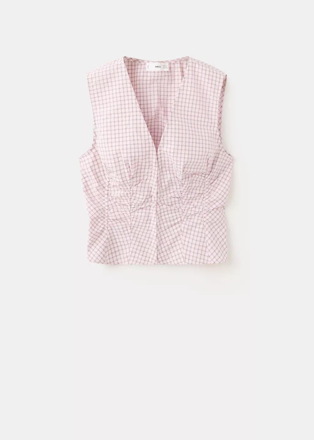 Pink V-Neck Checked Blouse, Light-Pastel Pink, large image number 3