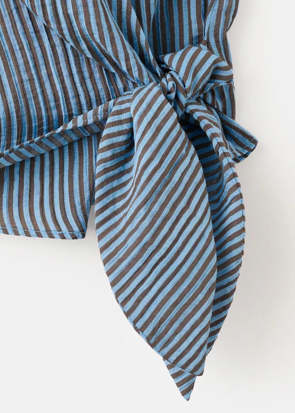 Blue Striped Wrap Blouse With Bow, Medium Blue, large image number 1