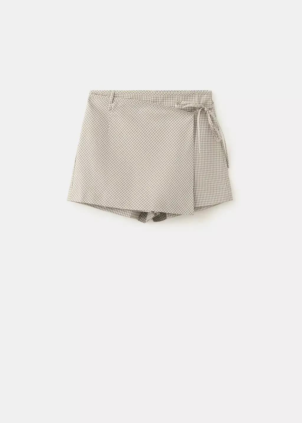 Beige Checked Tie-Waist Skort, Light Beige, large image number 5
