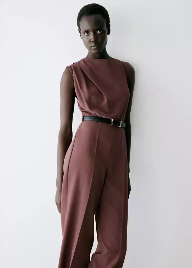 Brown Straight-Fit Jumpsuit With Belt, Brown, large image number 1