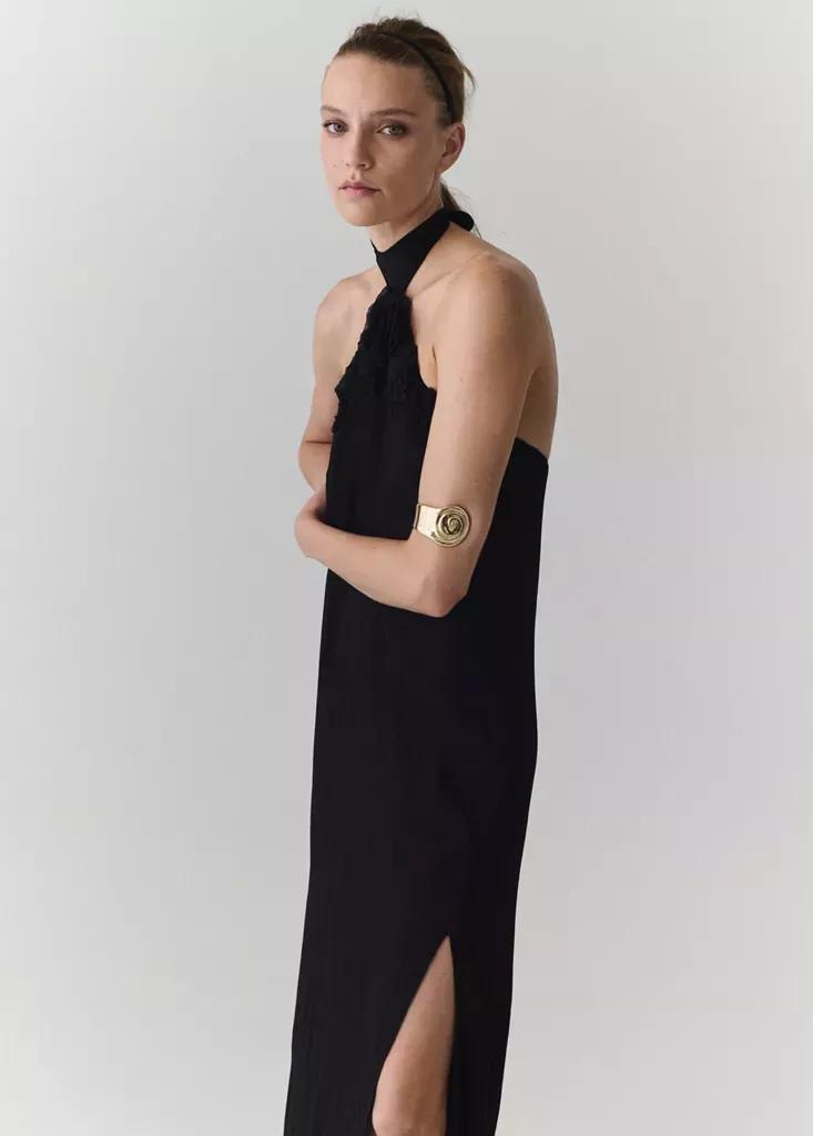 BLACK Halter dress with flower detail, Black, medium