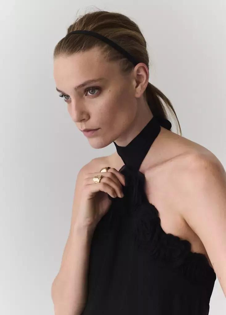 BLACK Halter dress with flower detail, Black, large image number 3
