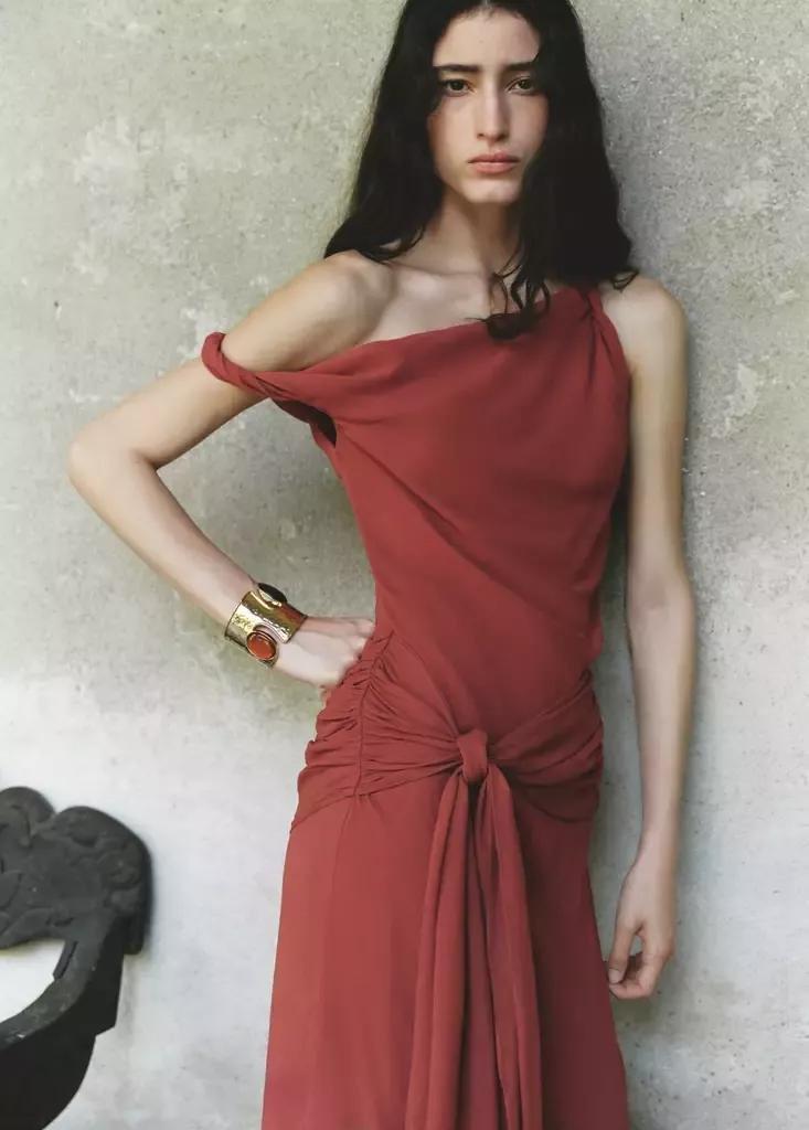 Red Asymmetric Draped Dress, Dark Red, medium