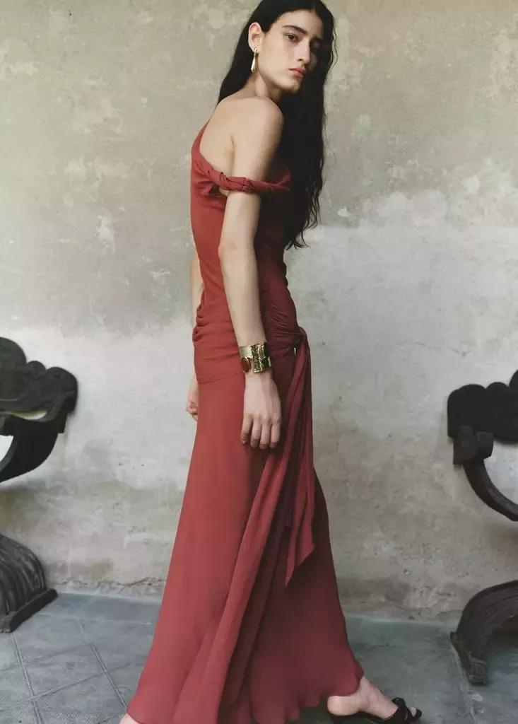 Red Asymmetric Draped Dress, Dark Red, medium