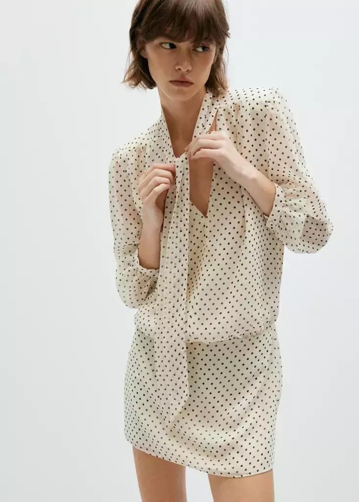 Beige Polka Dot Dress With Foulard Detail, Light Beige, medium