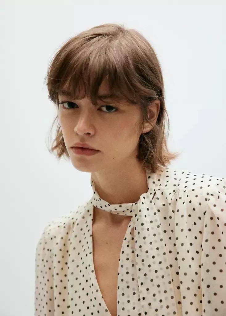 Beige Polka Dot Dress With Foulard Detail, Light Beige, large image number 2