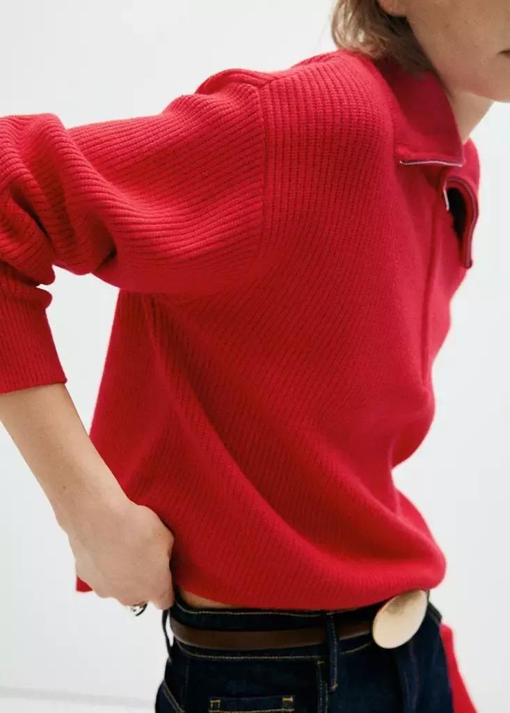 Red Ribbed Zip-Up Jumper, Red, medium