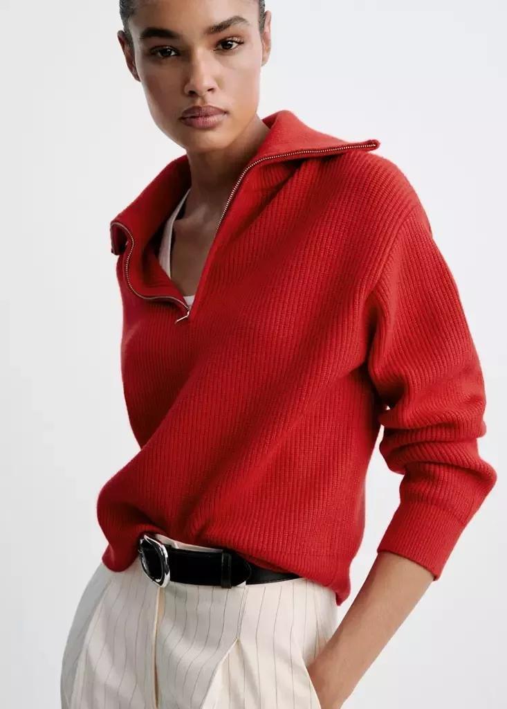 Red Ribbed Zip-Up Jumper, Red, large image number 4