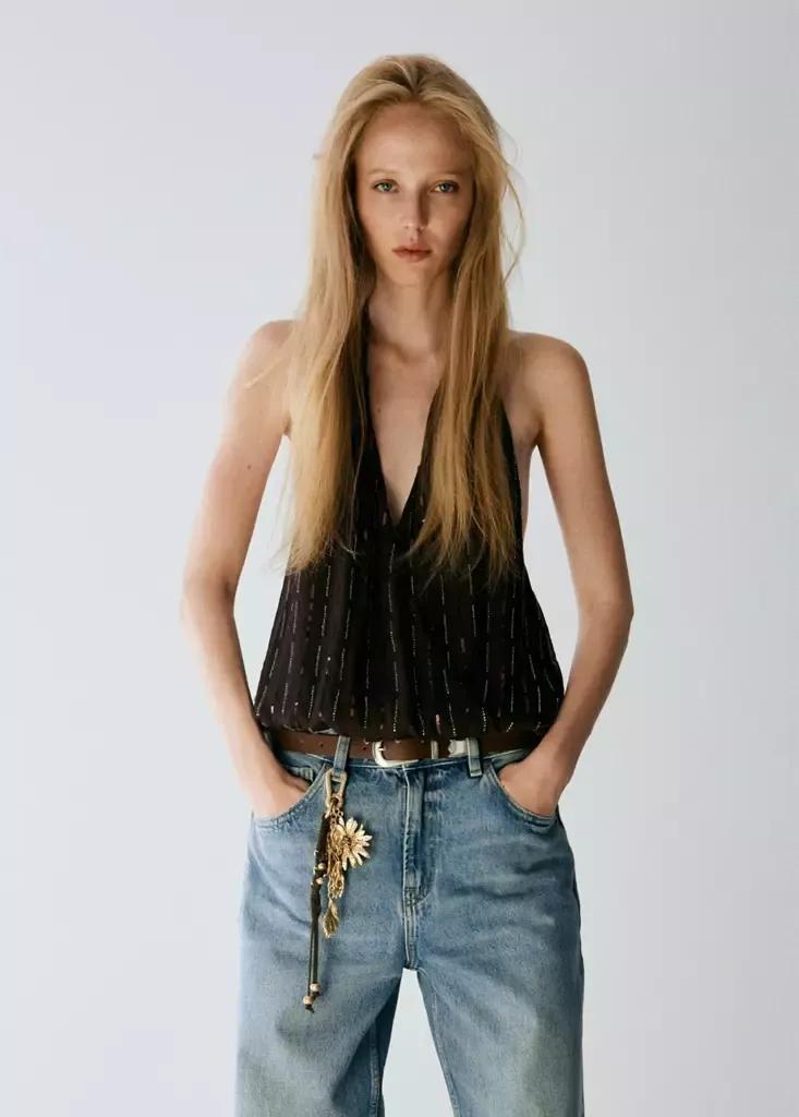 Brown Sequined Halter Top, , large image number 3