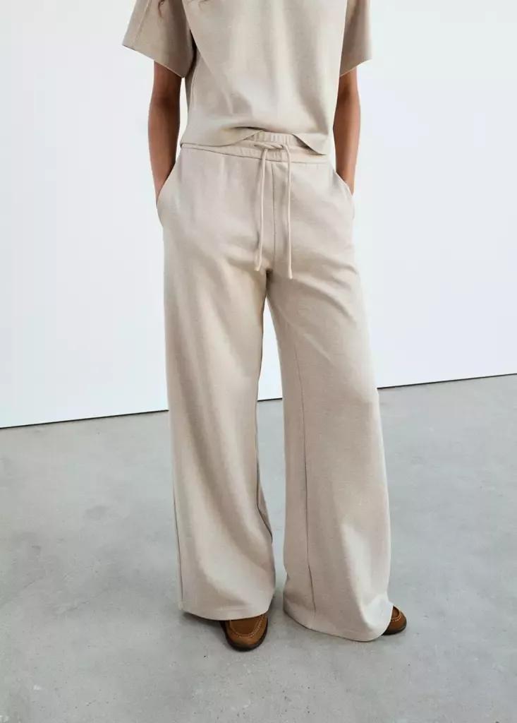 Beige Fine-Knit Straight-Fit Trousers, Light Beige, large image number 0