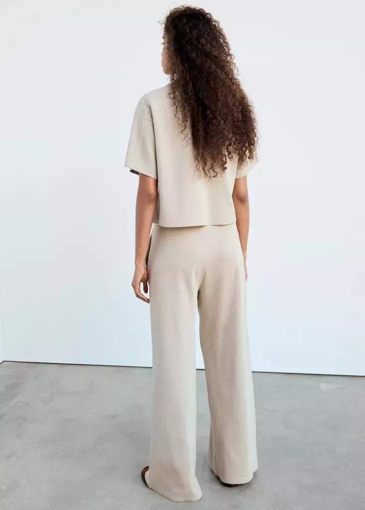 Beige Fine-Knit Straight-Fit Trousers, Light Beige, medium