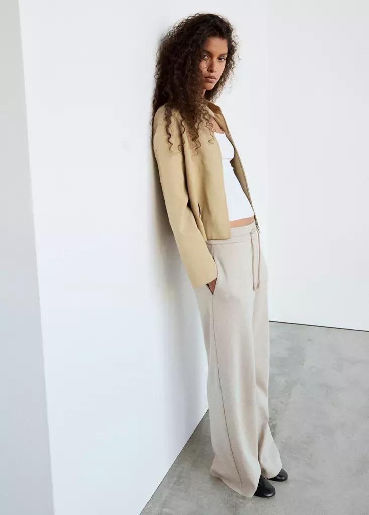 Beige Fine-Knit Straight-Fit Trousers, Light Beige, large image number 3