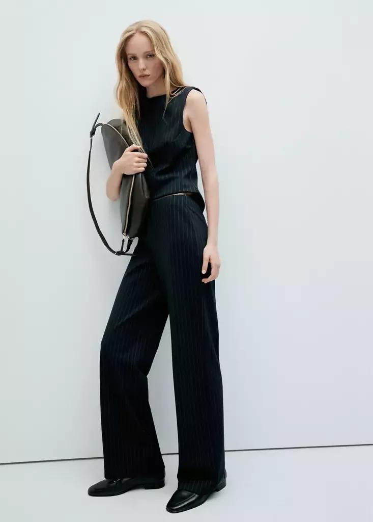 Navy Straight-Leg Trousers With Seam Detail, , medium