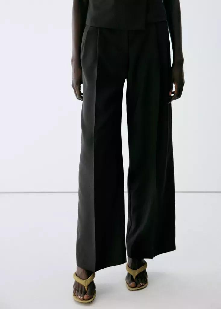 Black Straight-Fit Pleated Trousers, Black, medium