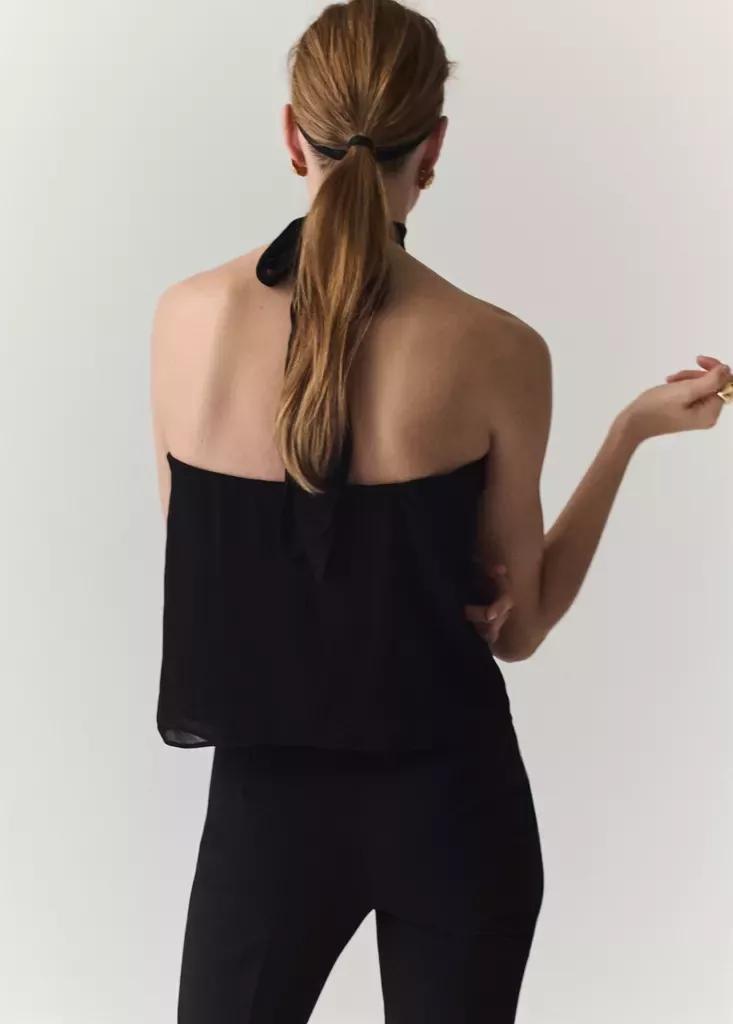 Black Halter Top With Flower Detail, Black, medium