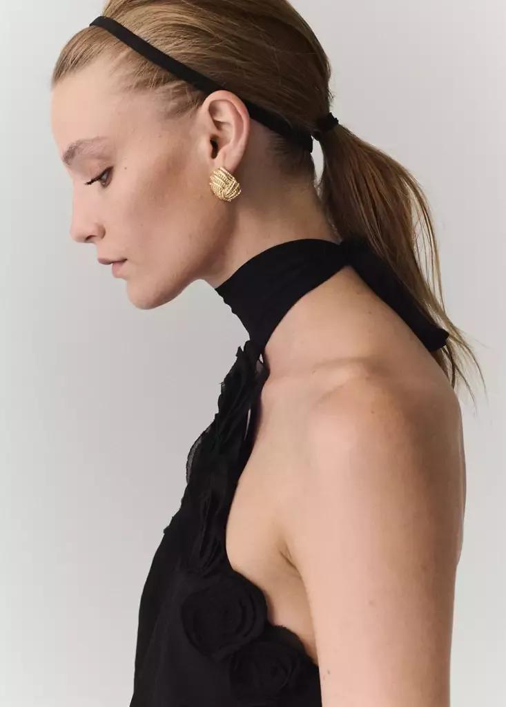 Black Halter Top With Flower Detail, Black, large image number 2