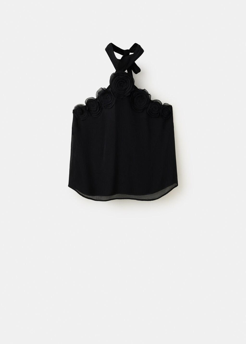 Black Halter Top With Flower Detail, Black, large image number 5