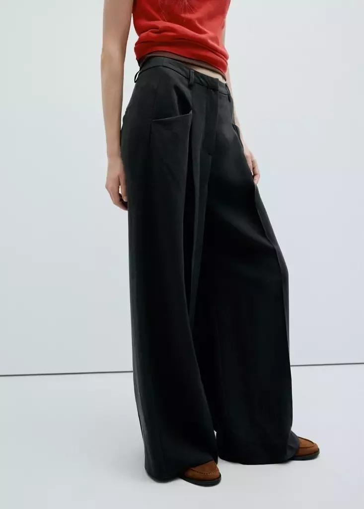 Black Wide Leg Pleated Trousers, Black, medium