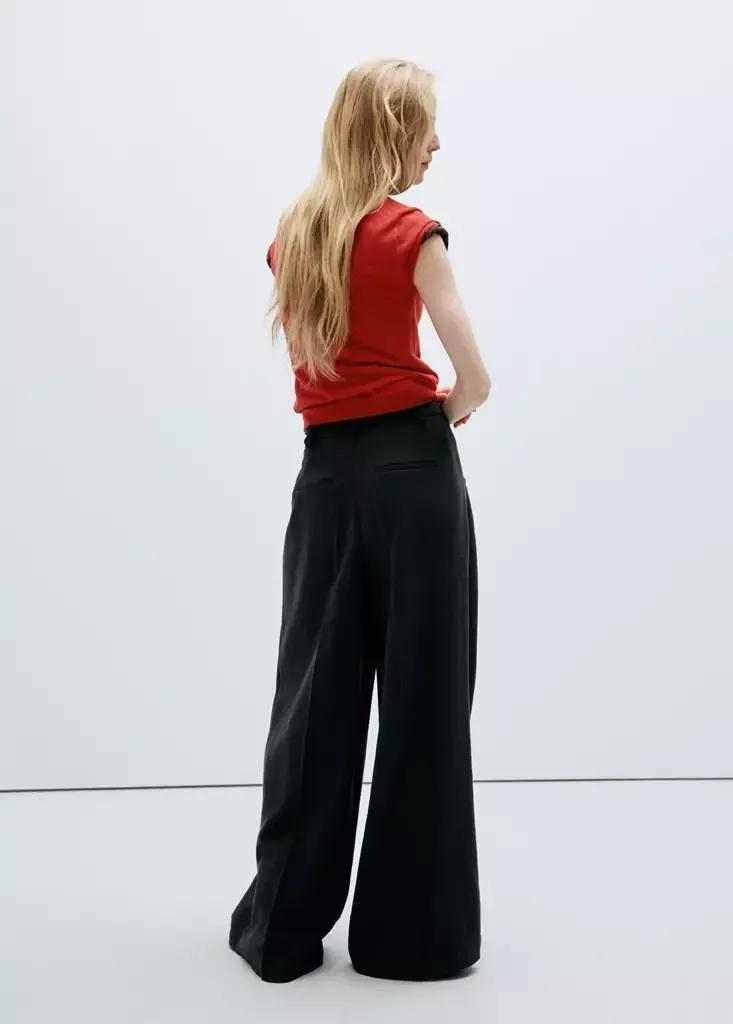 Black Wide Leg Pleated Trousers, Black, medium
