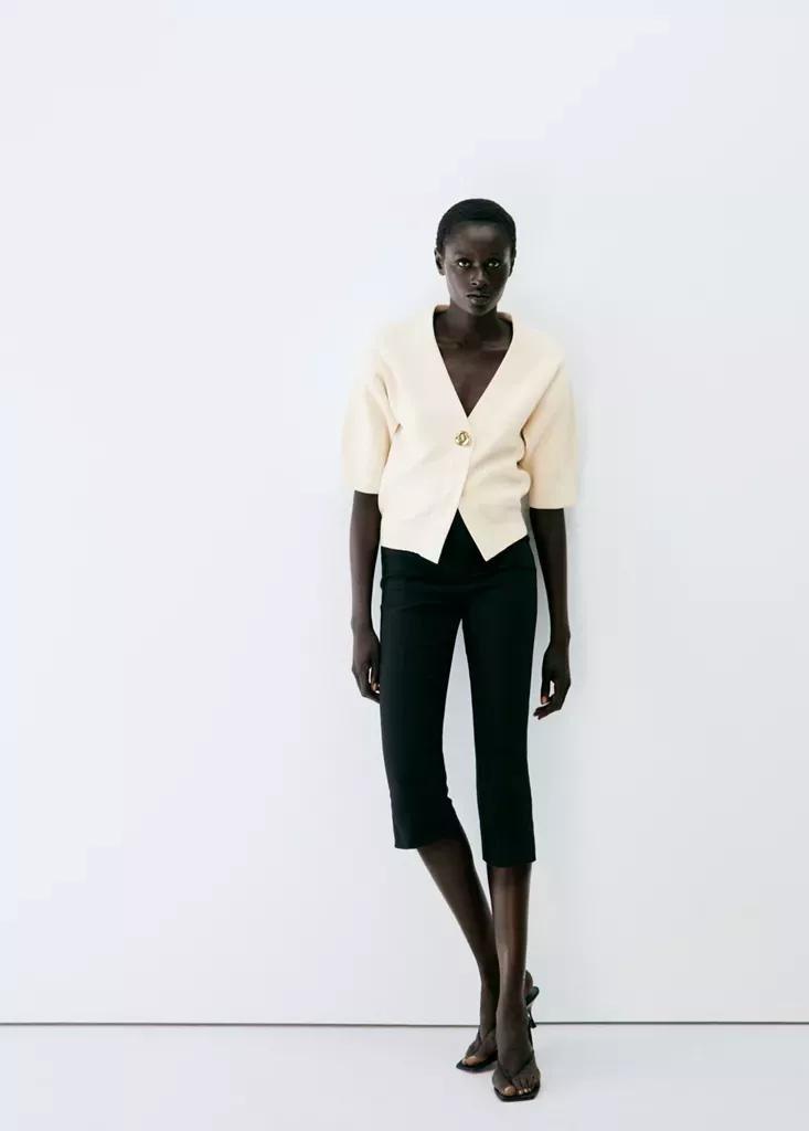 Cream Knitted Cardigan With Jewel Button, , large image number 0