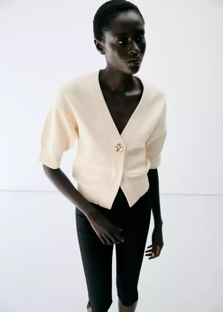 Cream Knitted Cardigan With Jewel Button, , medium