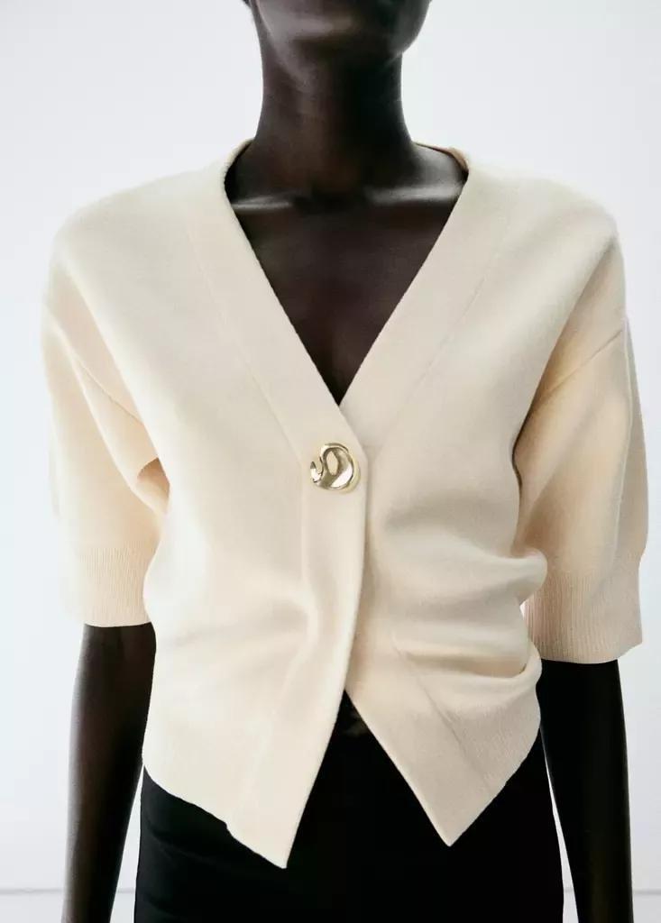 Cream Knitted Cardigan With Jewel Button, , large image number 3