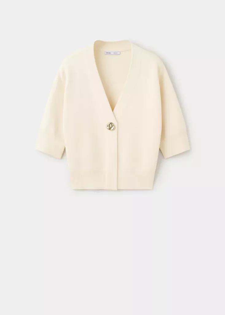 Cream Knitted Cardigan With Jewel Button, , large image number 4