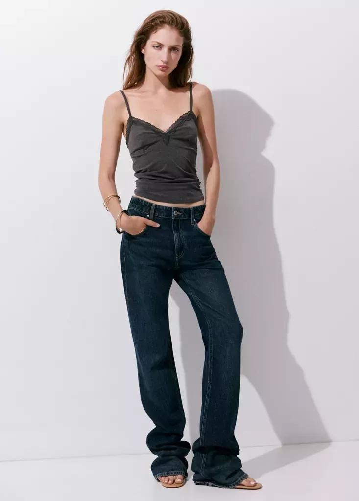 Grey V-Neck Lace Top, Grey, medium