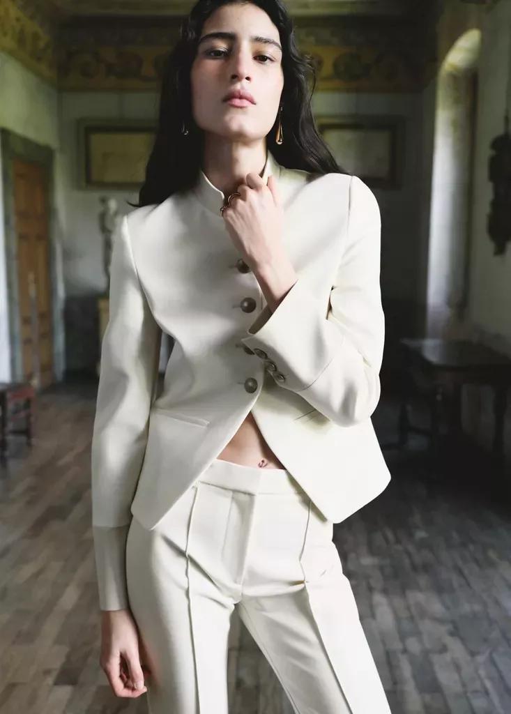 Natural White Jacket With Jewel-Button Strip Collar, Natural White, medium