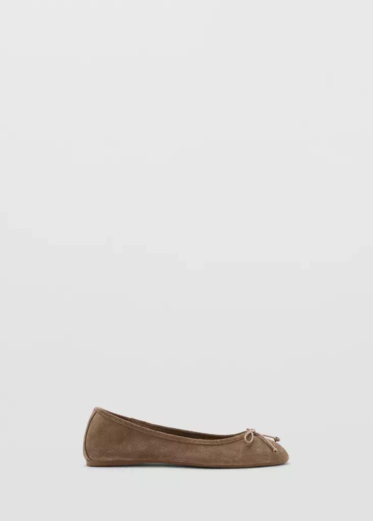 Brown Leather Ballet Flats With Bow, Light Pastel Brown, medium