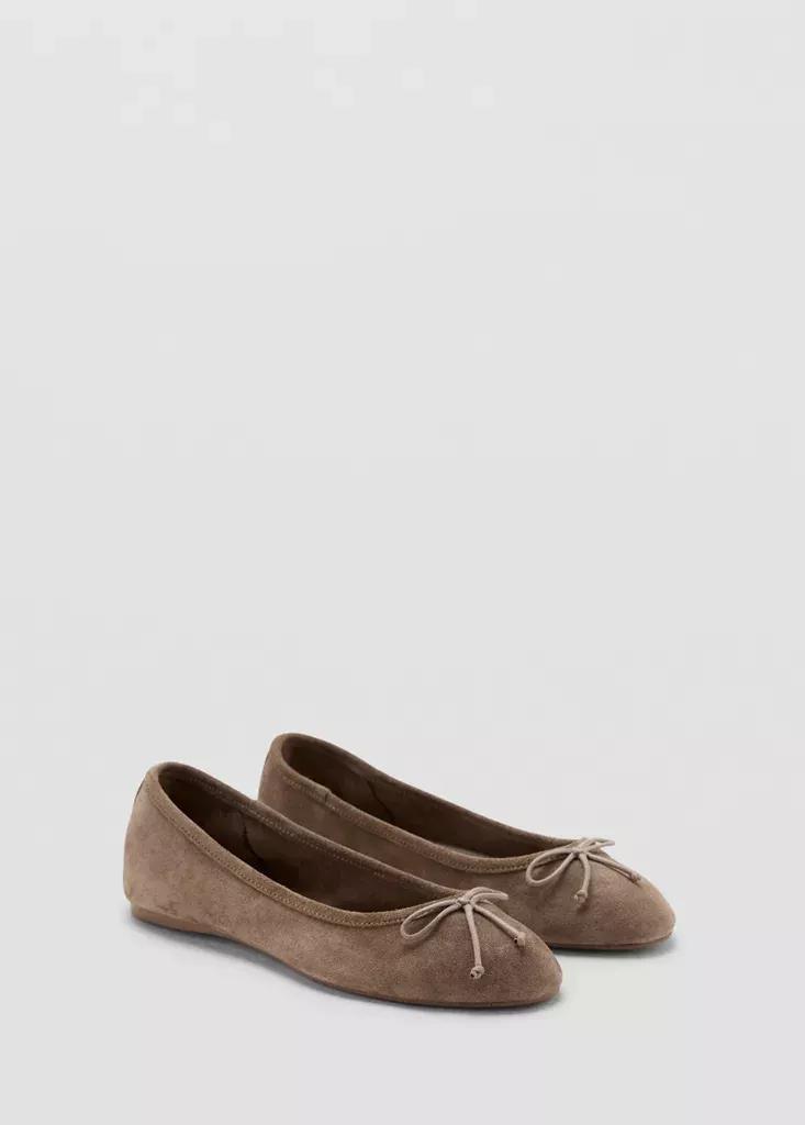 Brown Leather Ballet Flats With Bow, Light Pastel Brown, medium