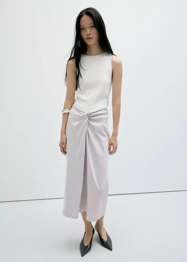 Grey Midi Skirt With Knot Detail, , medium