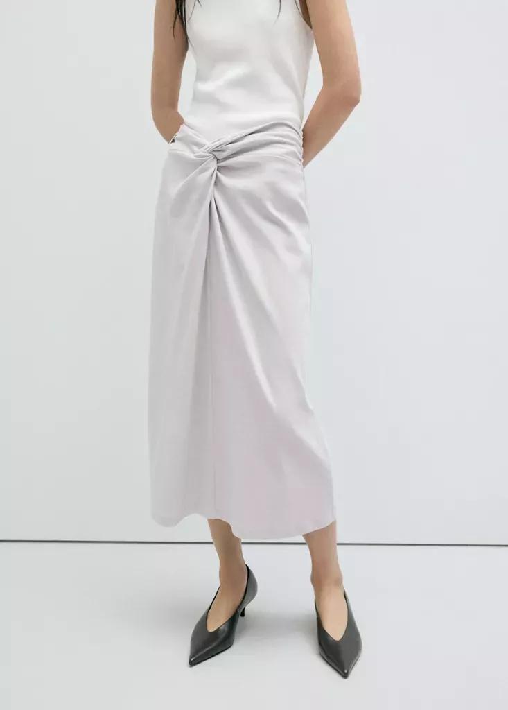 Grey Midi Skirt With Knot Detail, , medium
