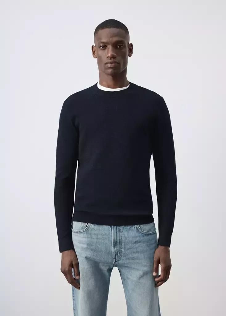 Navy Fine-Knit Jersey In A Cotton Blend With Textured Structure, Navy, large image number 1