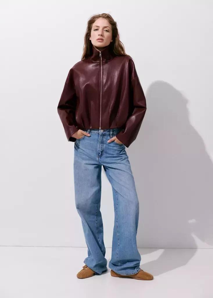 Red Faux Leather Funnel Neck Jacket, Dark Red, large image number 0