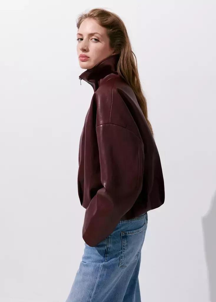 Red Faux Leather Funnel Neck Jacket, Dark Red, large image number 1