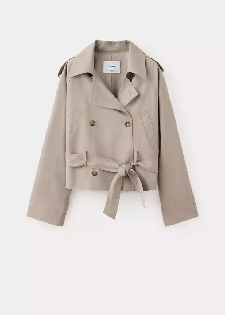 Beige Short Trench Coat With Belt, , large image number 5