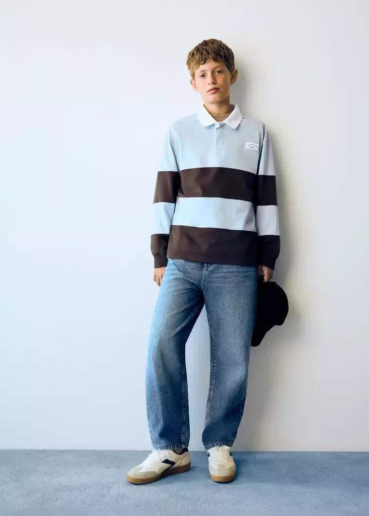 Blue Oversized Striped Polo Shirt, Kids Boys, Light-Pastel Blue, large image number 0