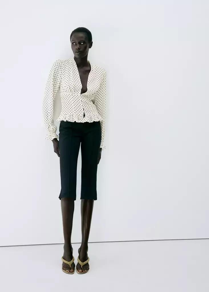 White V-Neck Polka Dot Blouse, , medium