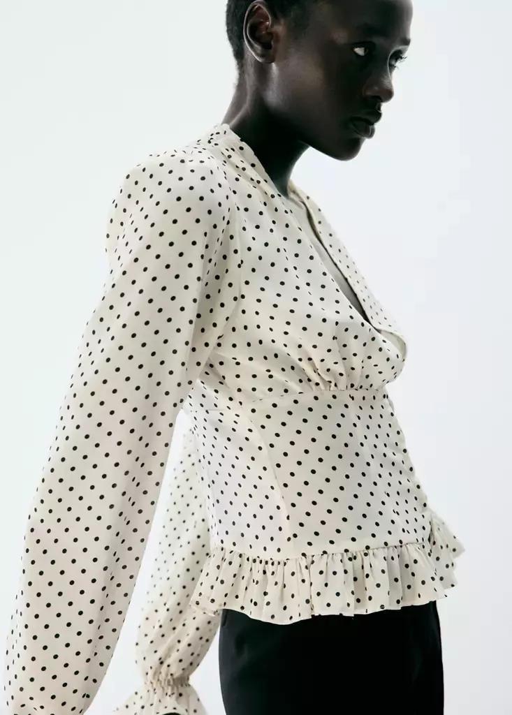 White V-Neck Polka Dot Blouse, , large image number 1