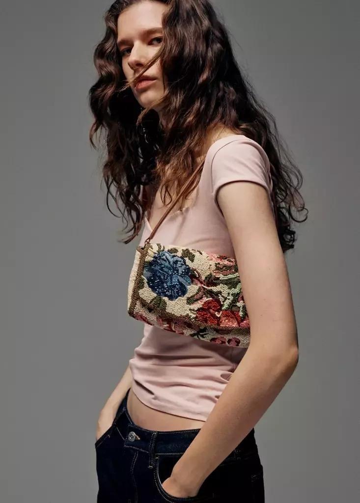Pink Floral Embroidered Shoulder Bag, , medium