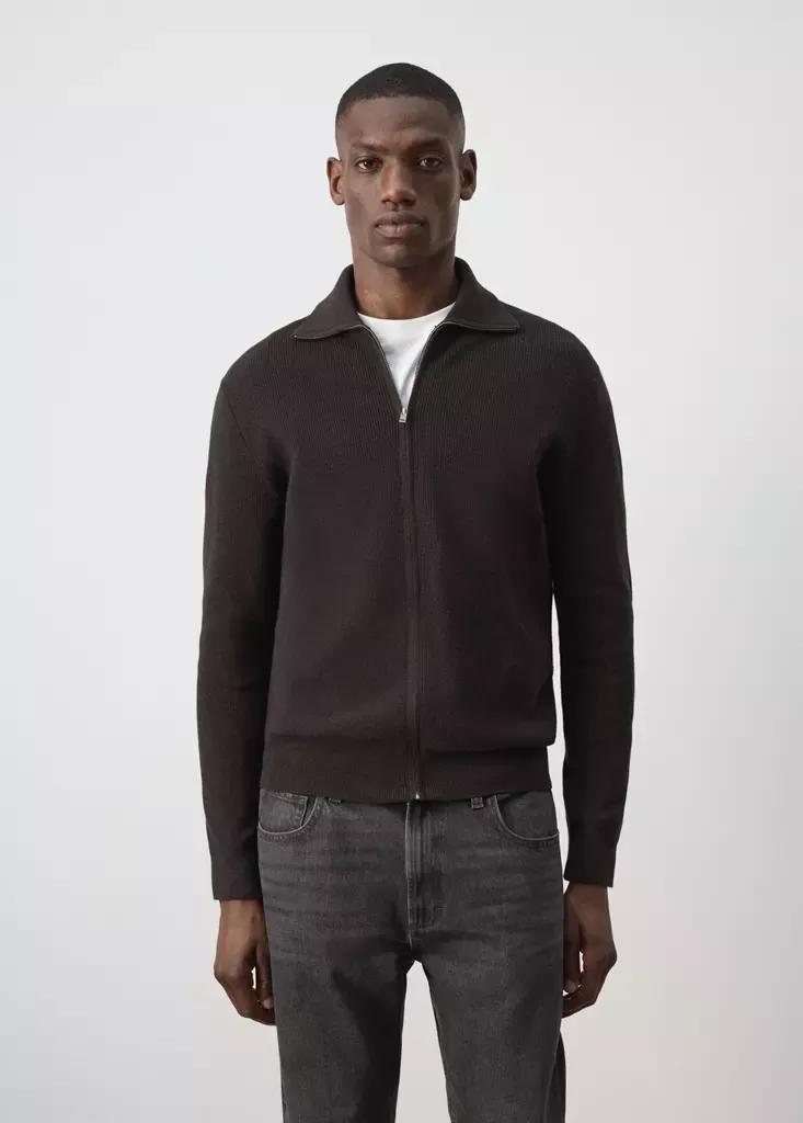 Brown Cotton Zip-Up Cardigan, Dark Brown, large image number 1