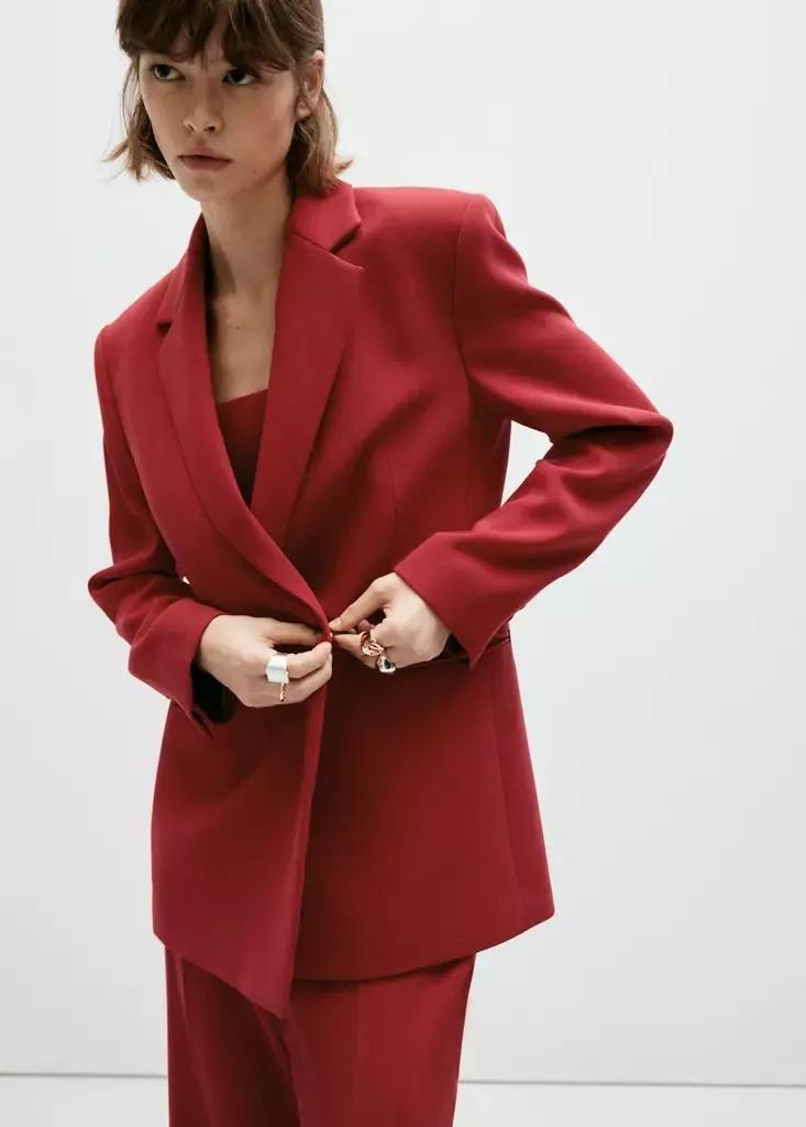 Red Double-Breasted Belted Suit Blazer, Red, large image number 0