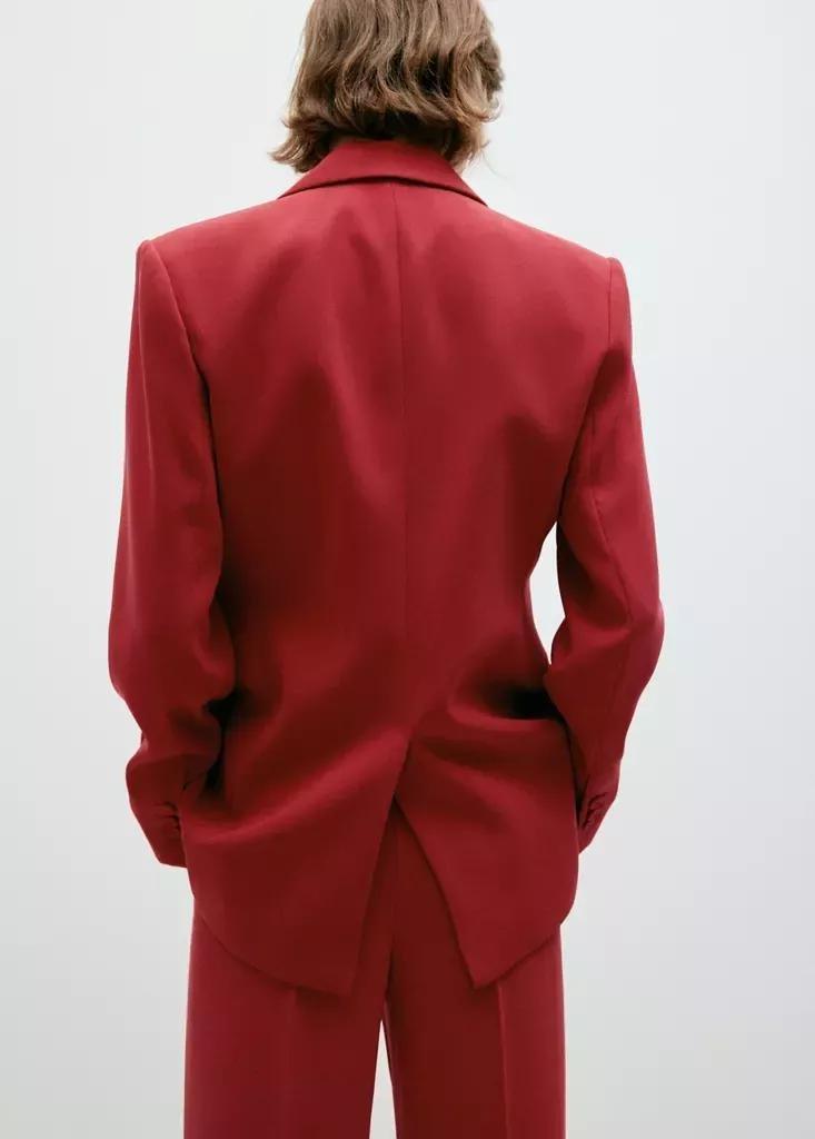 Red Double-Breasted Belted Suit Blazer, Red, large image number 1